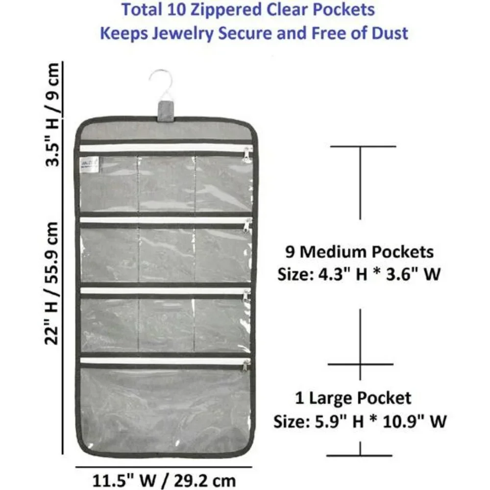 Hanging Jewelry Organizer Travel Storage Bag with 10 Clear Zipper Pockets Closet
